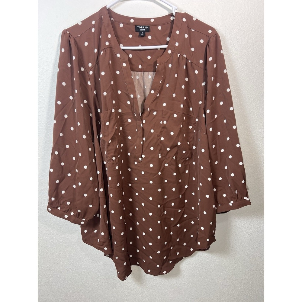 Torrid Harper Brown Polka Dot Roll Tab 3/4 Sleeve Tunic Blouse 2 Pretty Woman